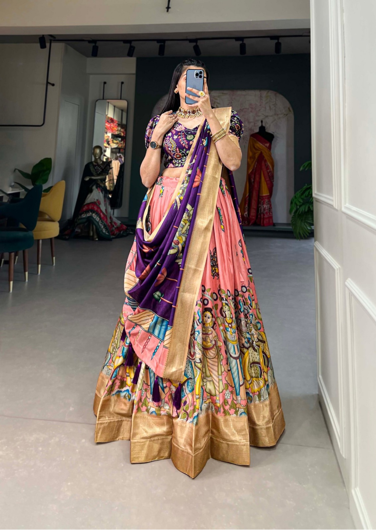 Pink Kalamkari Dola Silk Lehenga Set with Zari Border