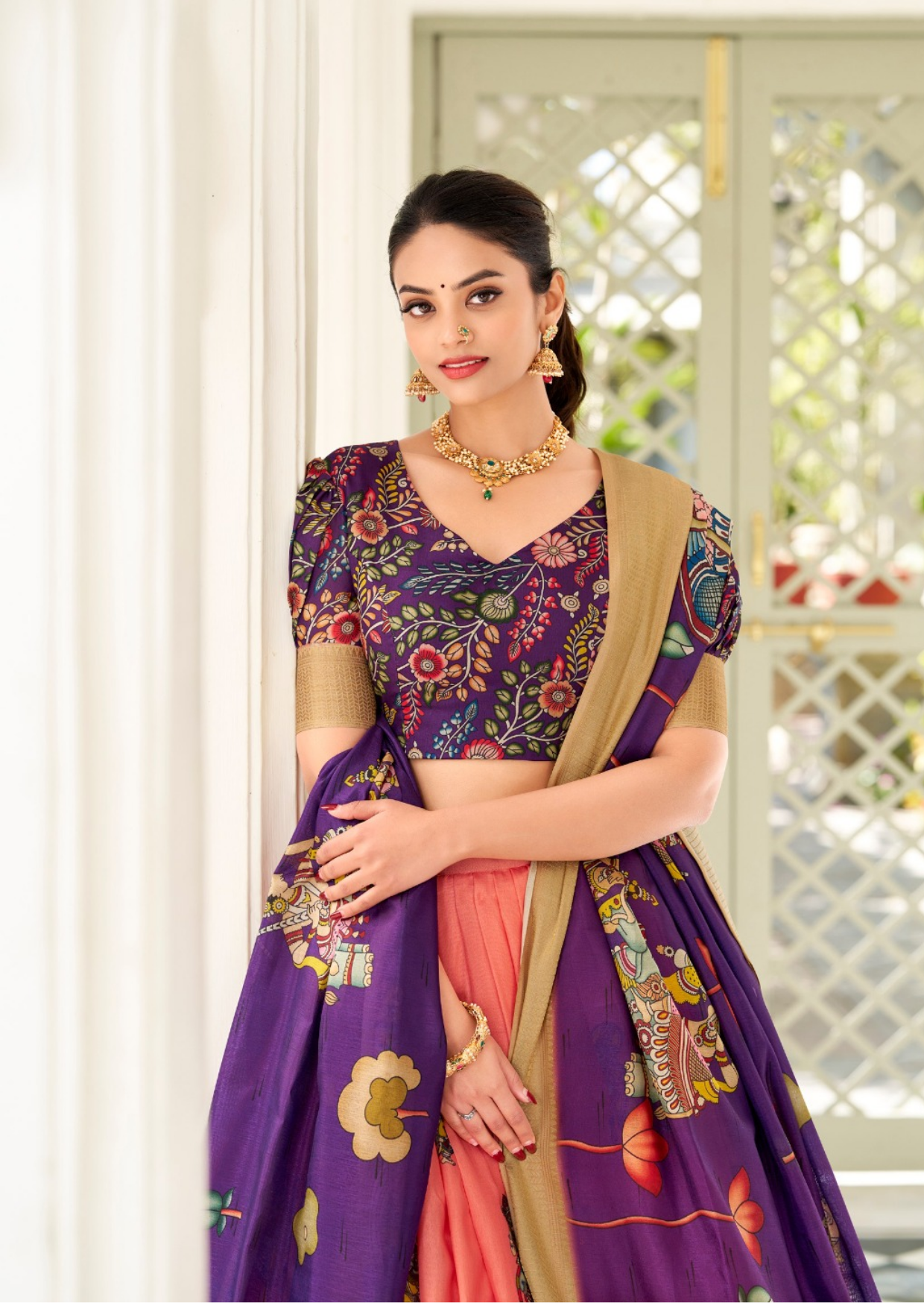 Pink Kalamkari Dola Silk Lehenga Set with Zari Border