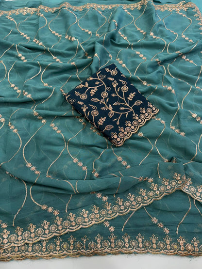 Emerald Grace Georgette Embroidered Saree