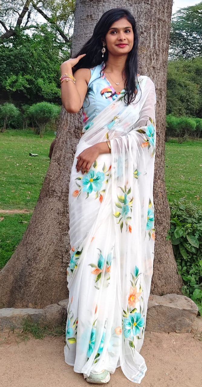 Pushpika Handpainted Chiffon Saree