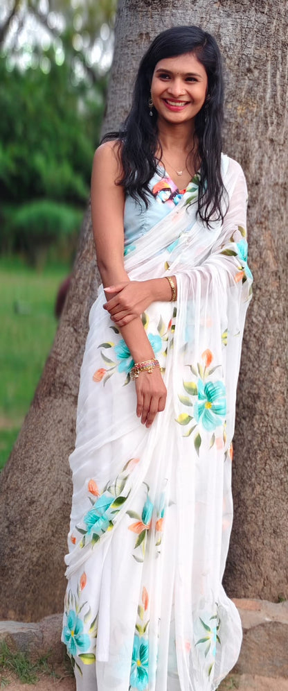 Pushpika Handpainted Chiffon Saree