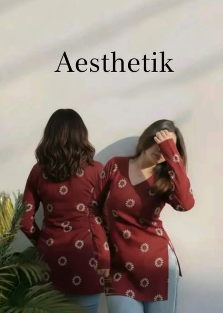 Maroon Blossom V-Neck Rayon Kurti