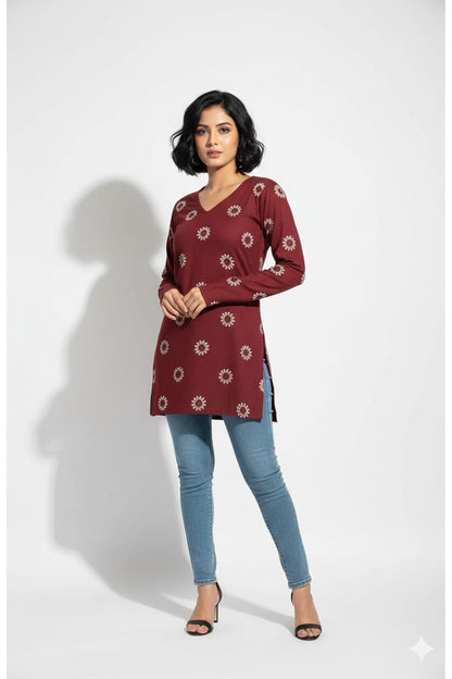 Maroon Blossom V-Neck Rayon Kurti