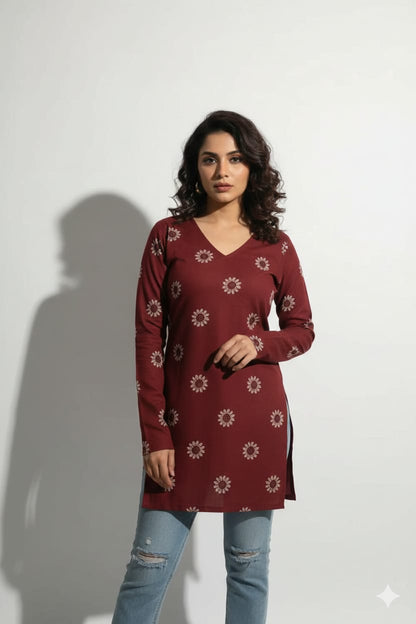 Maroon Blossom V-Neck Rayon Kurti