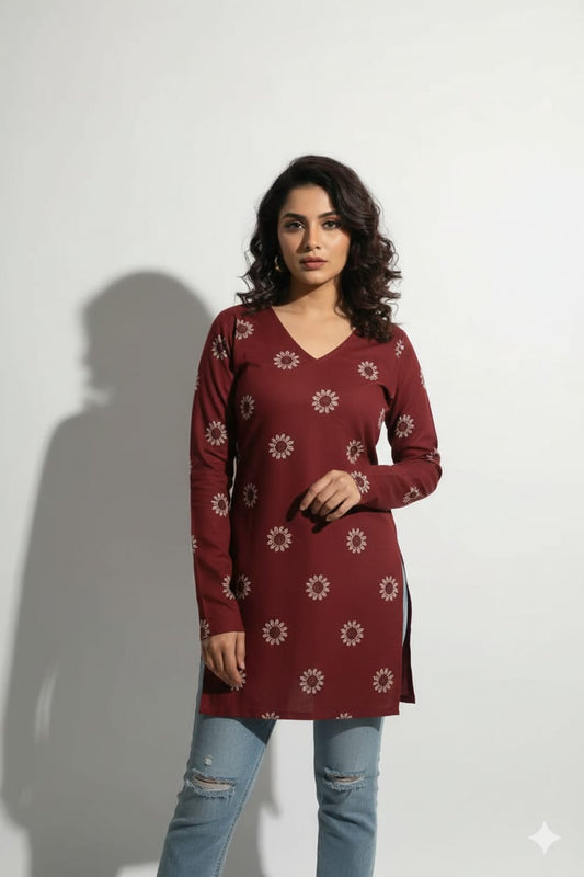 Maroon Blossom V-Neck Rayon Kurti